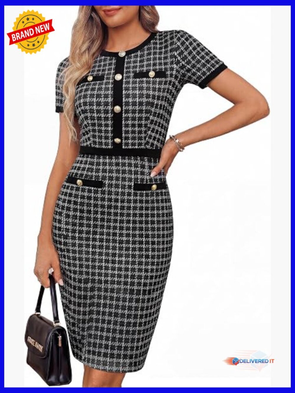 Short Sleeve Bodycon Tweed Pencil Dress with Pockets Knee Length